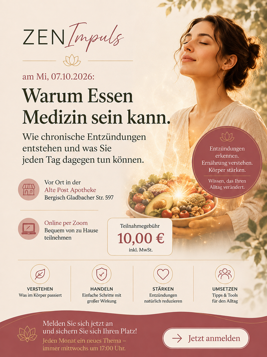 ZENImpuls am Mi, 07.10.2026: Warum Essen Medizin sein kann. Wie chronische Entzündungen entstehen und was Sie jeden Tag dagegen tun können.